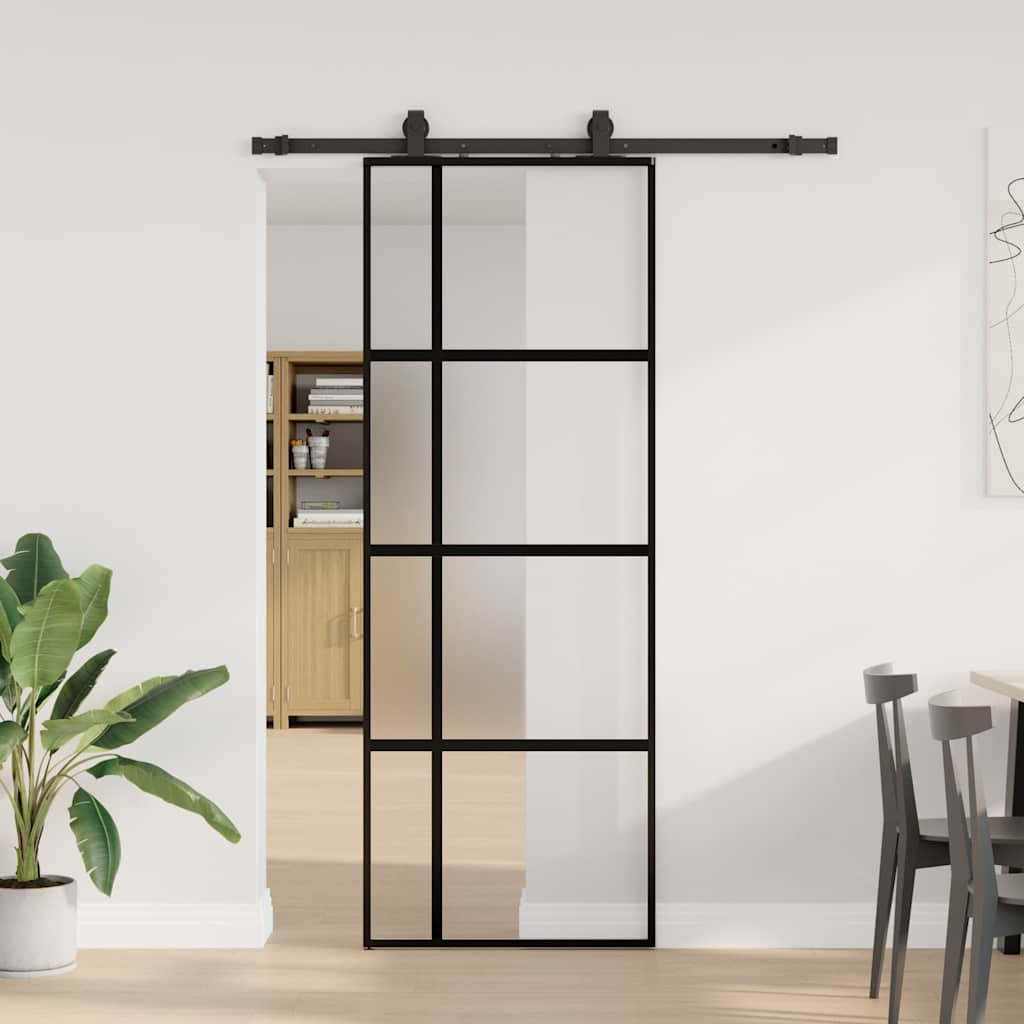 Puerta corredera con herrajes negro 76x205 cm vidrio templado