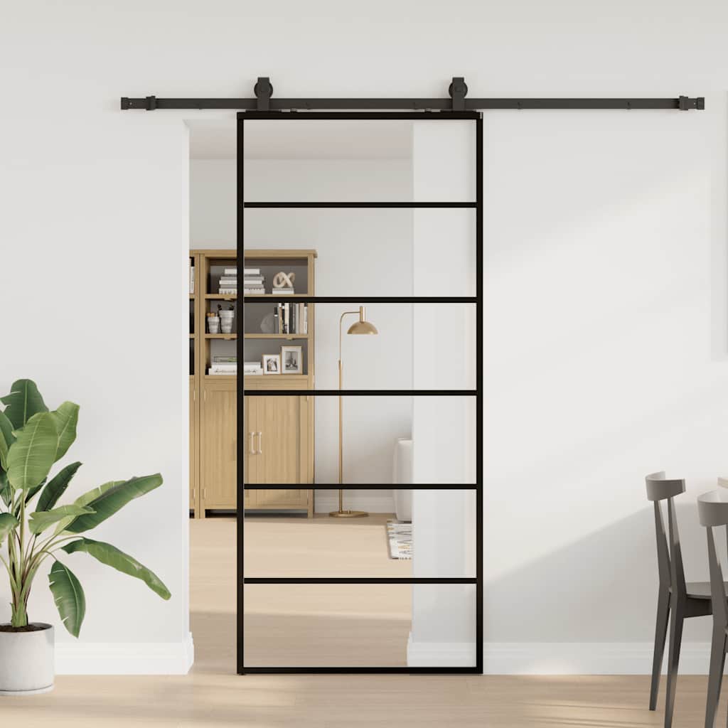 Puerta corredera con set herrajes negro 90x205 cm vidrio ESG