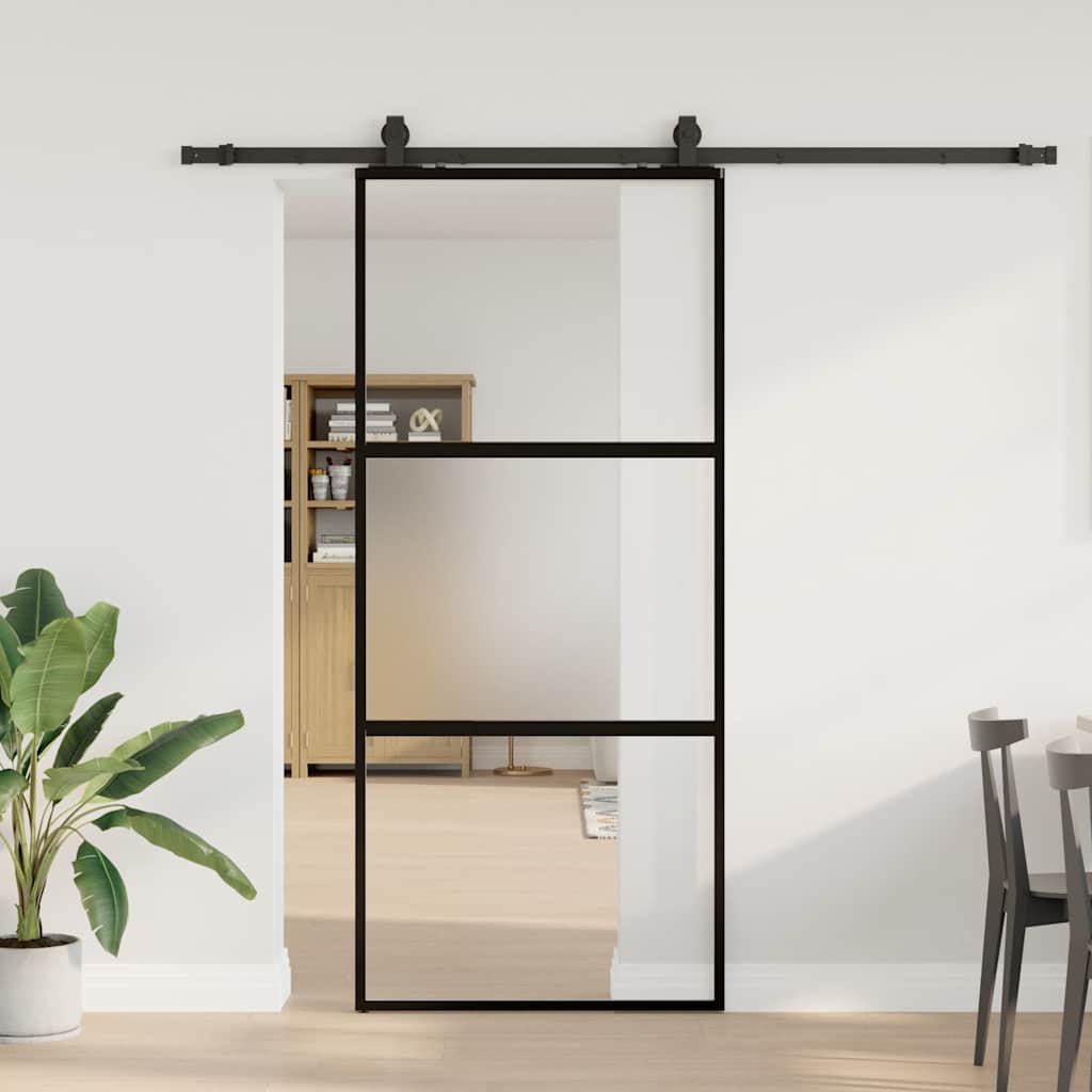 Puerta corredera con herrajes negro 90x205 cm vidrio templado