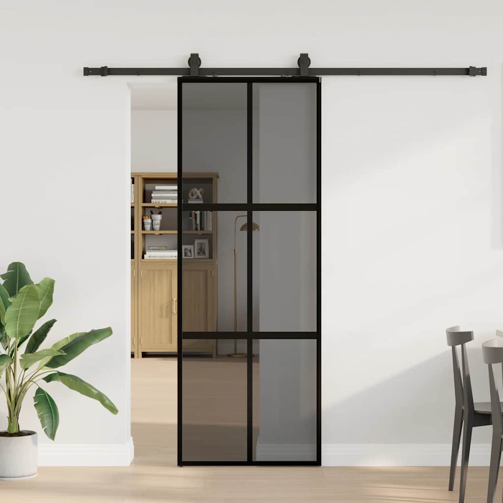 Puerta corredera con herrajes negro 76x205 cm vidrio templado
