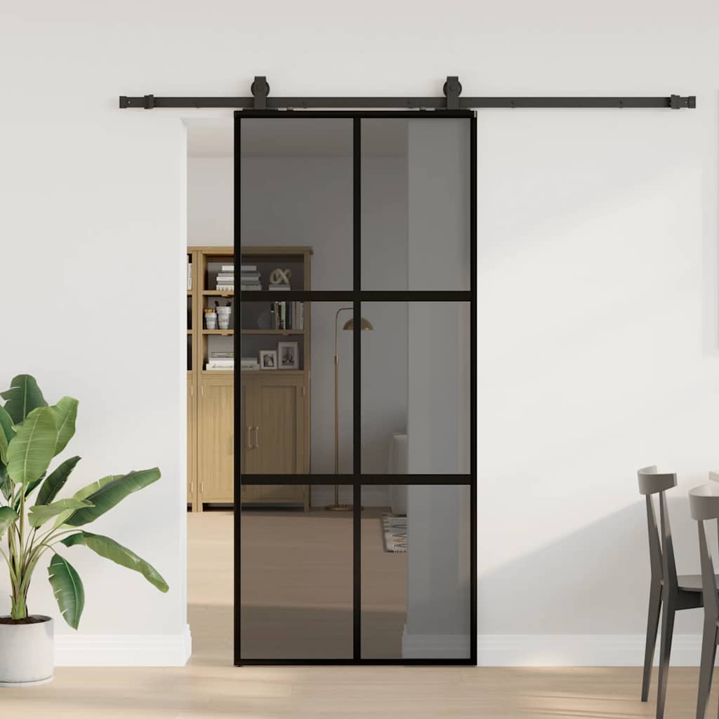 Puerta corredera con herrajes negro 90x205 cm vidrio templado