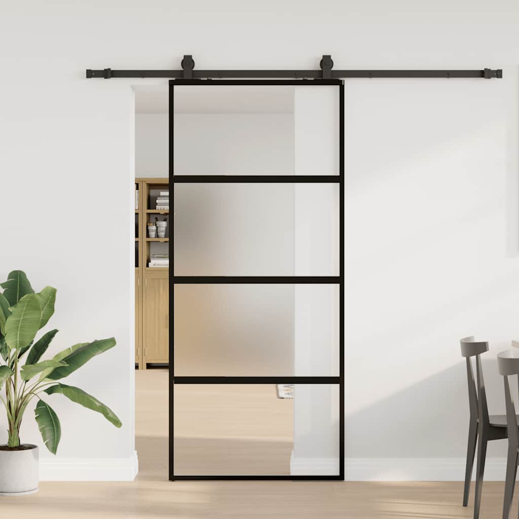 Puerta corredera con herrajes negro 90x205 cm vidrio templado