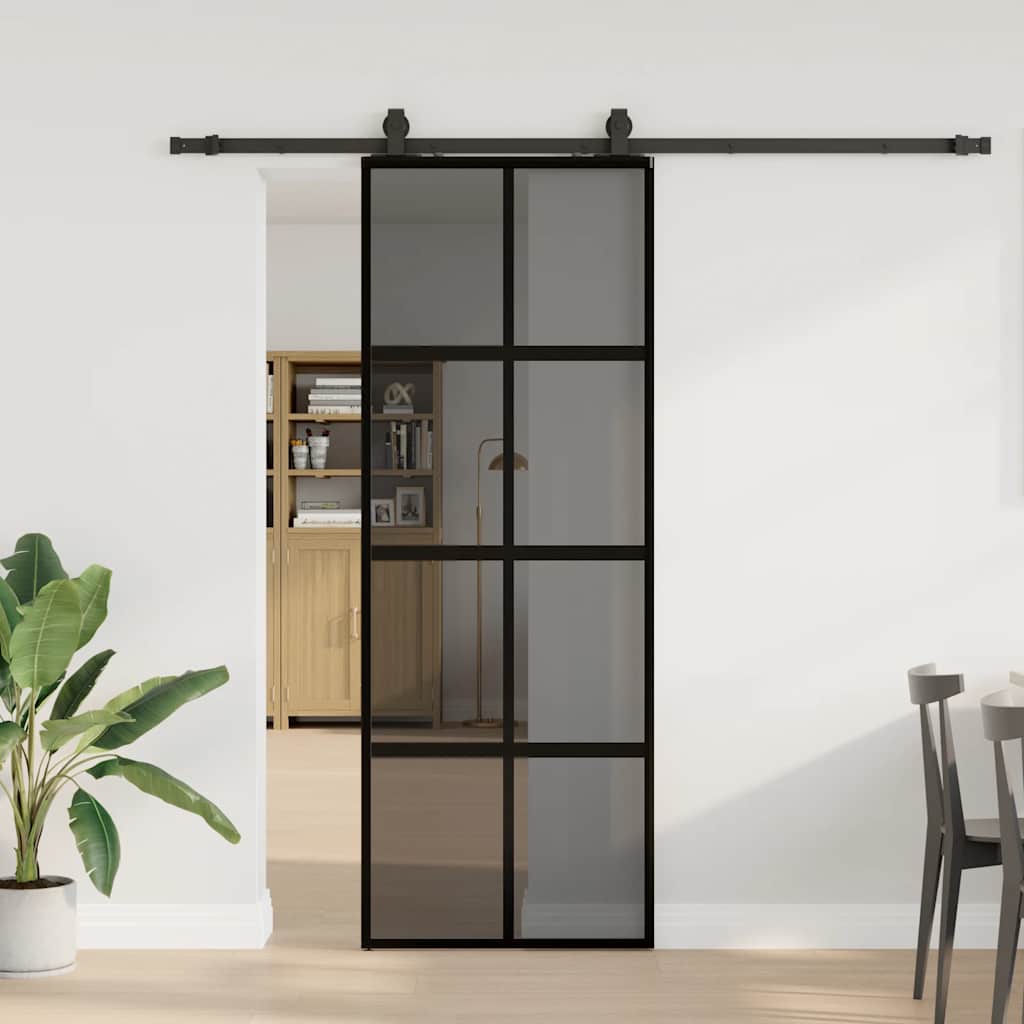 Porte coulissante avec ferrures noires 76x205 cm en verre trempé 