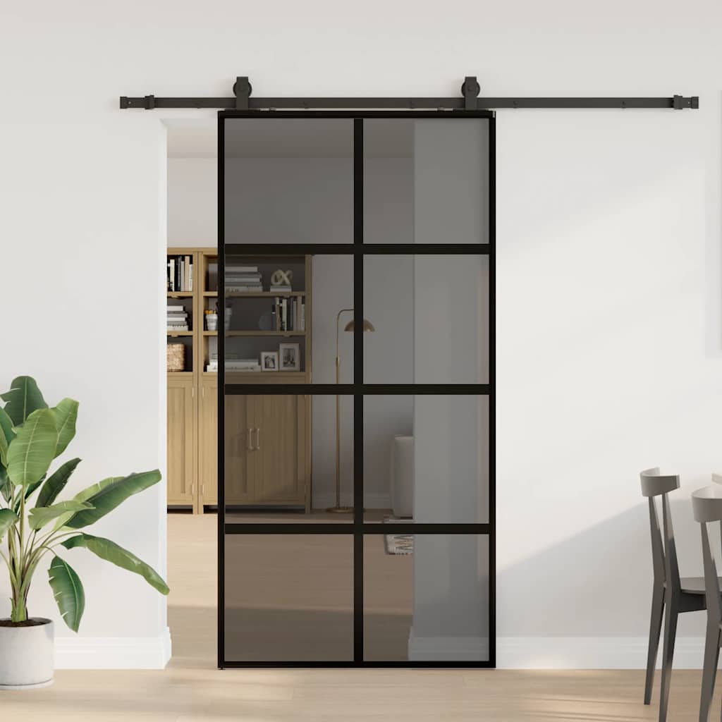 Porte coulissante avec ferrures noires 102,5x205 cm en verre trempé 