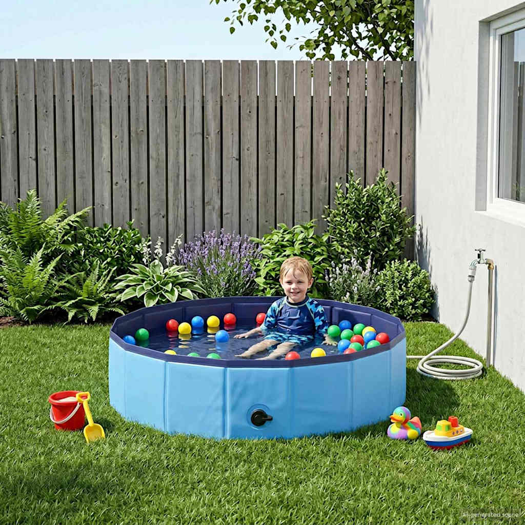 Piscina infantil azul de 80 cm de diámetro y 20 cm de altura, ideal para el jardín.
