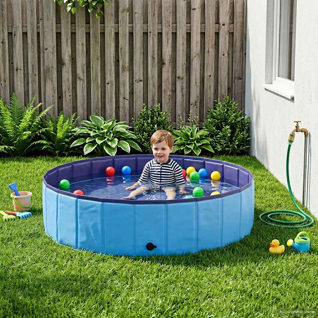 Piscina infantil azul de 120 cm de diámetro y 30 cm de altura, ideal para el jardín.