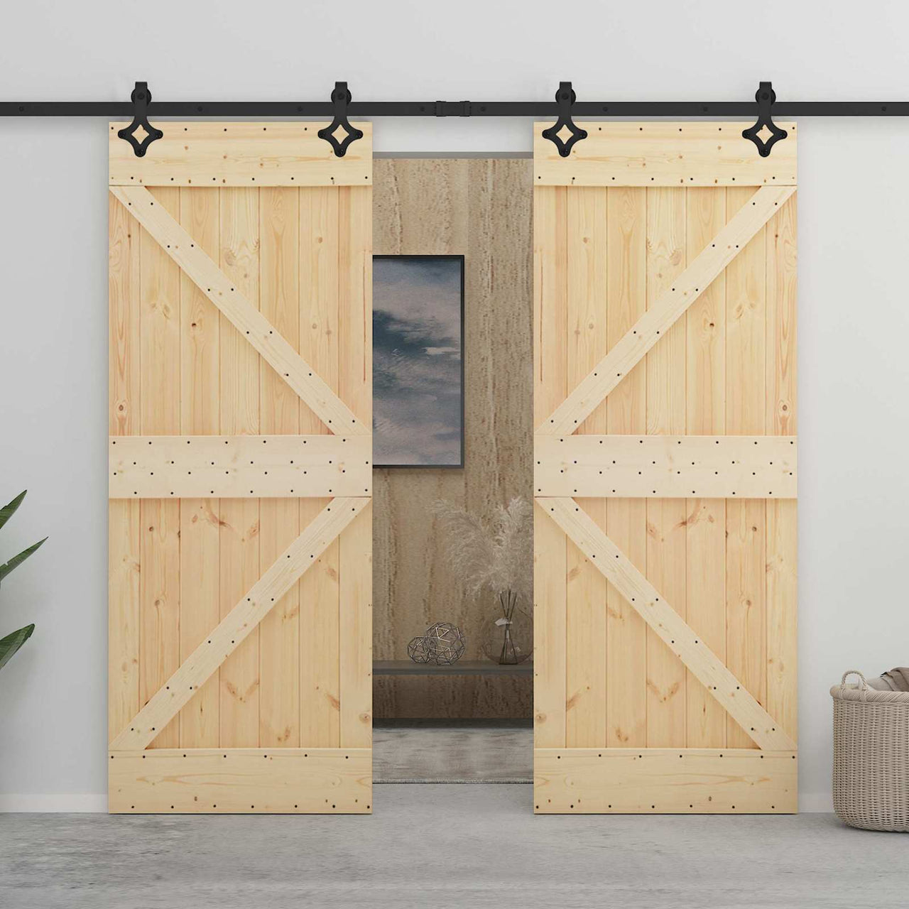 Porte coulissante 2 pcs Naturel et noir Bois de pin massif 