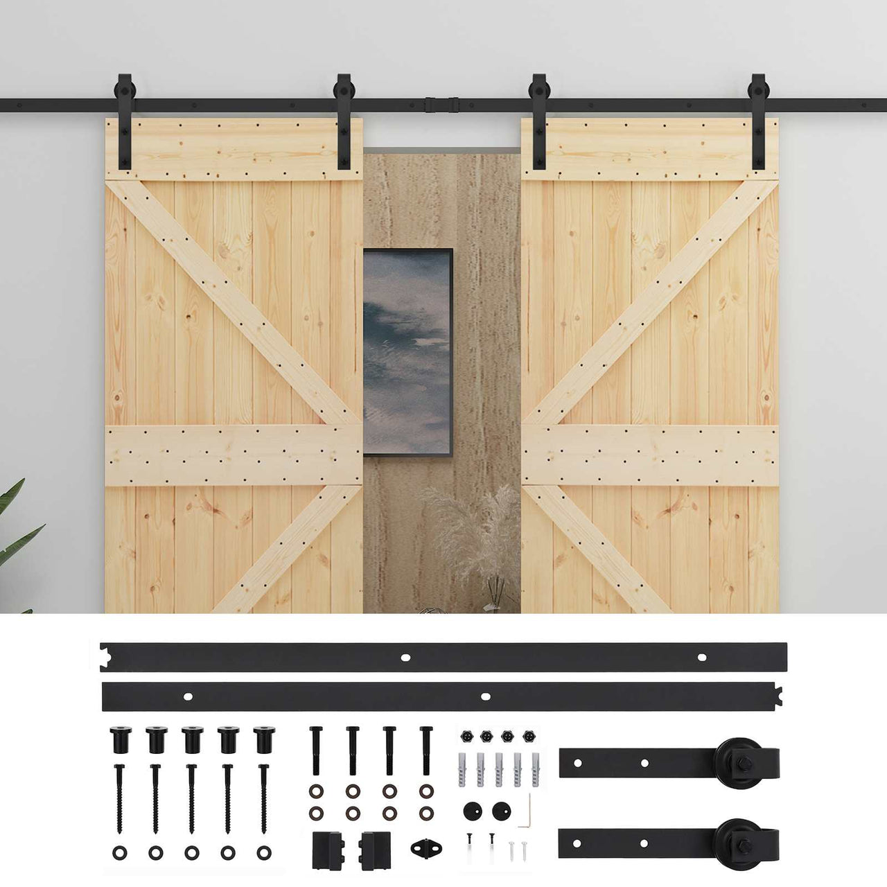 Porte coulissante 2 pcs Naturel et noir Bois de pin massif 