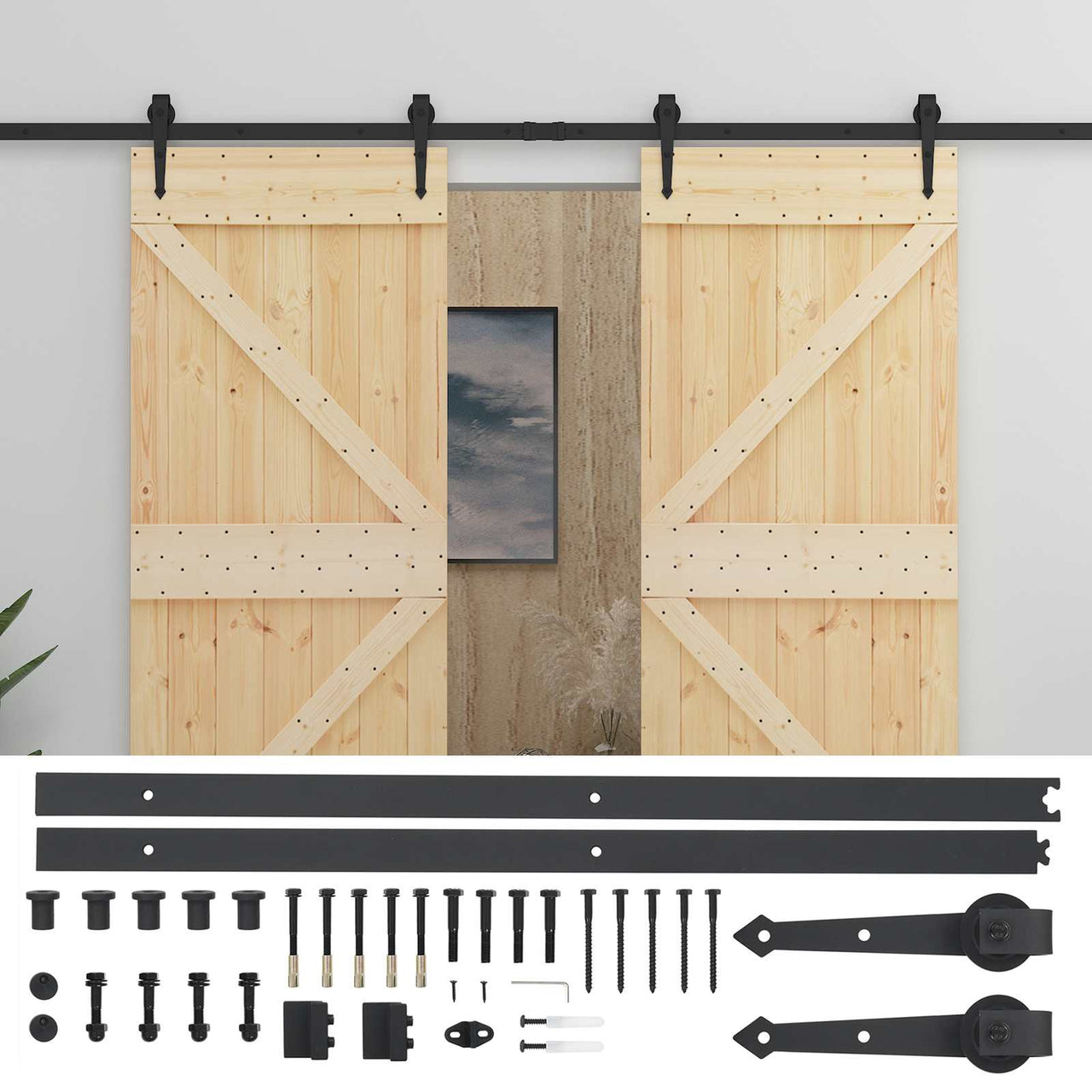 Puerta Corredera 2 pcs Natural y Negro Madera de Pino Maciza