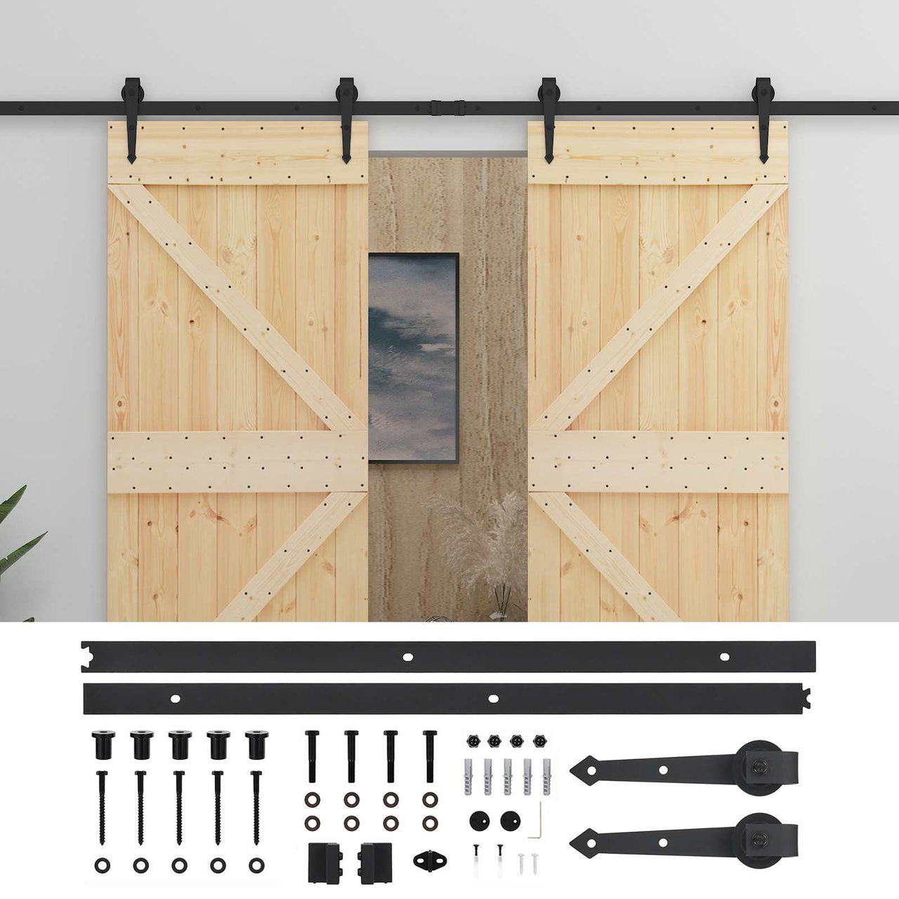 Puerta Corredera 2 pcs Natural y Negro Madera de Pino Maciza