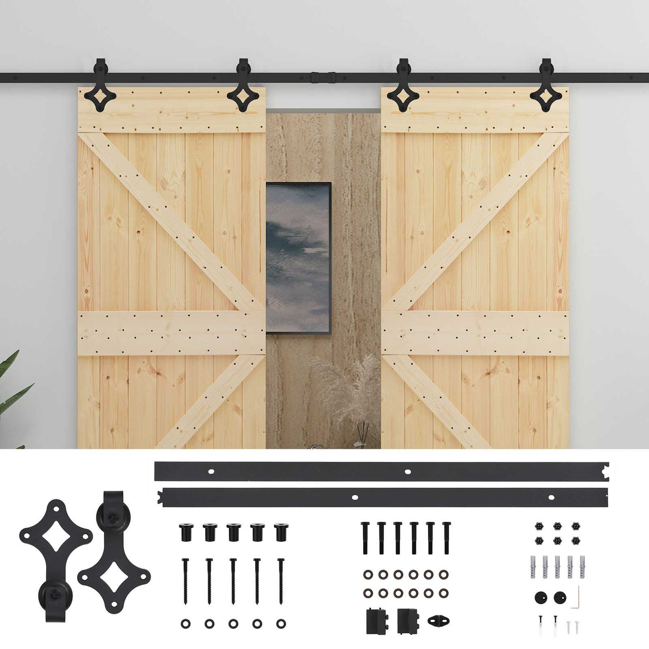 Puerta Corredera 183 x 210 cm Madera de Pino Maciza Natural y Negro