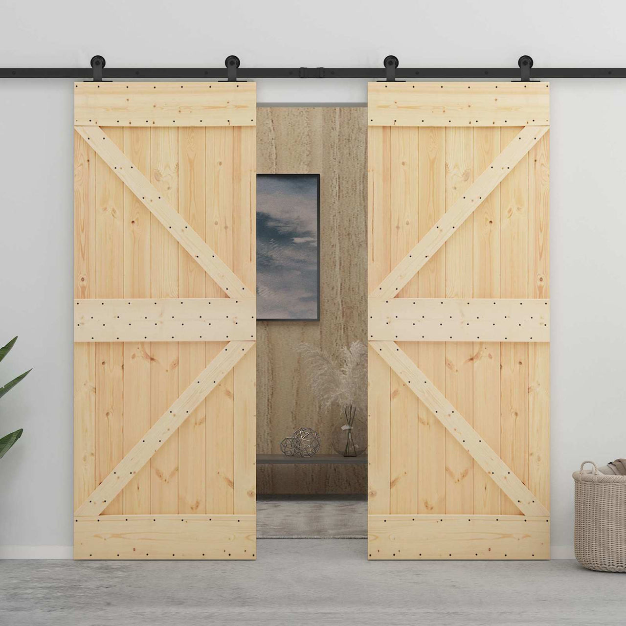 Porte coulissante 2 pcs Naturel et noir Bois de pin massif 