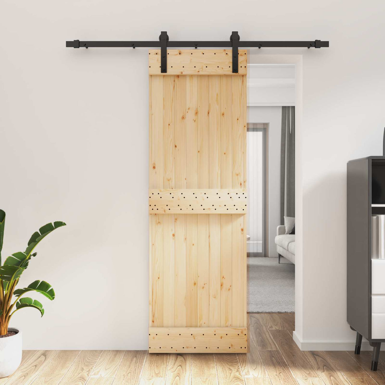 Porte coulissante en bois de pin naturel et noir 70 x 210 cm 