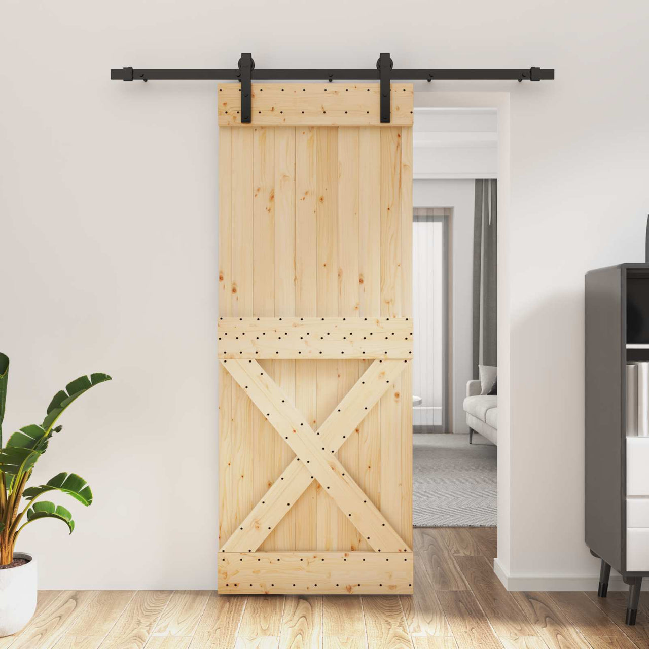 Porte coulissante en bois de pin naturel et noir 80 x 210 cm 