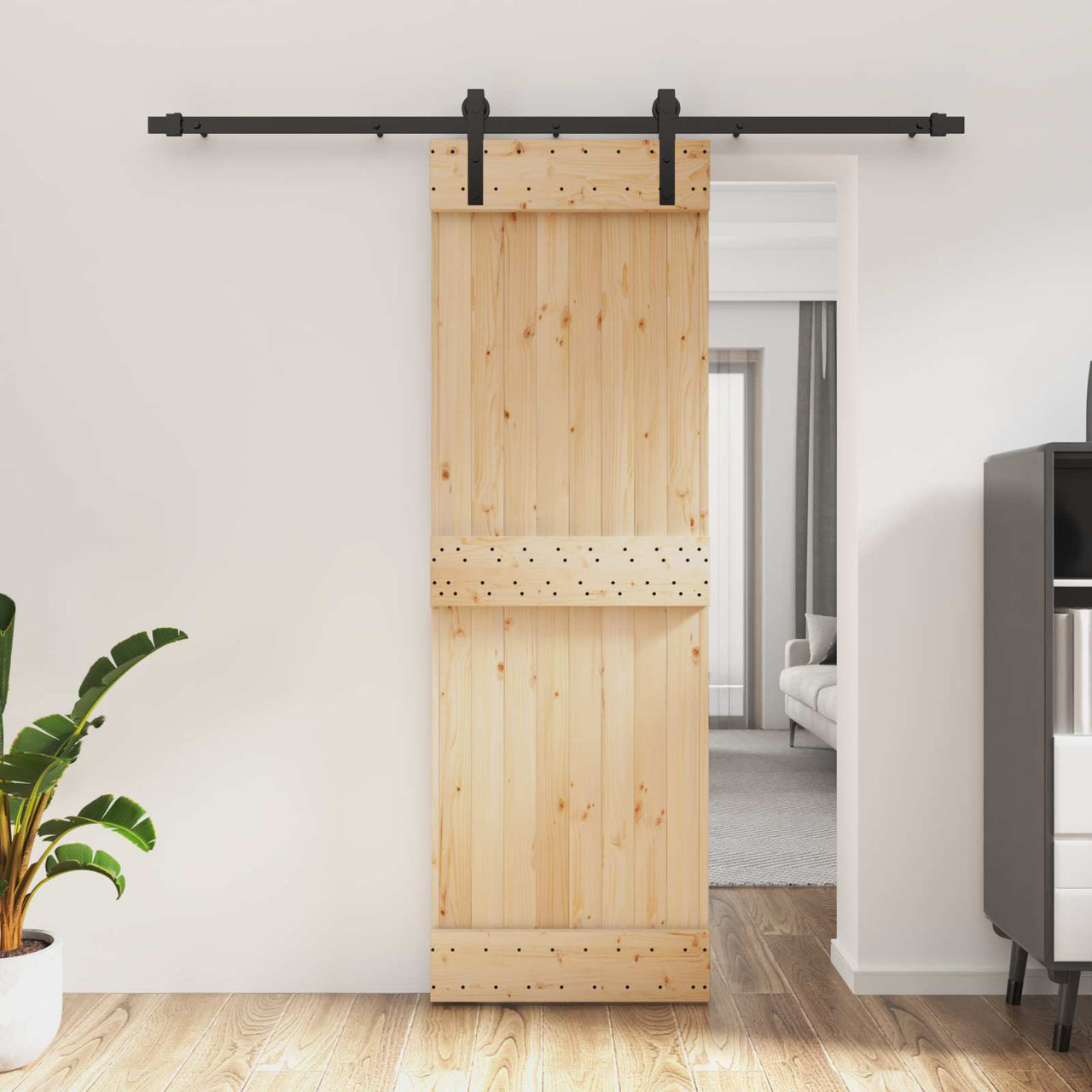 Porte coulissante en bois de pin naturel et noir 70 x 210 cm 