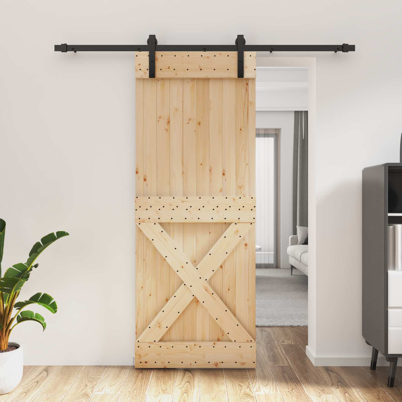 Porte coulissante en bois de pin naturel et noir 80 x 210 cm 