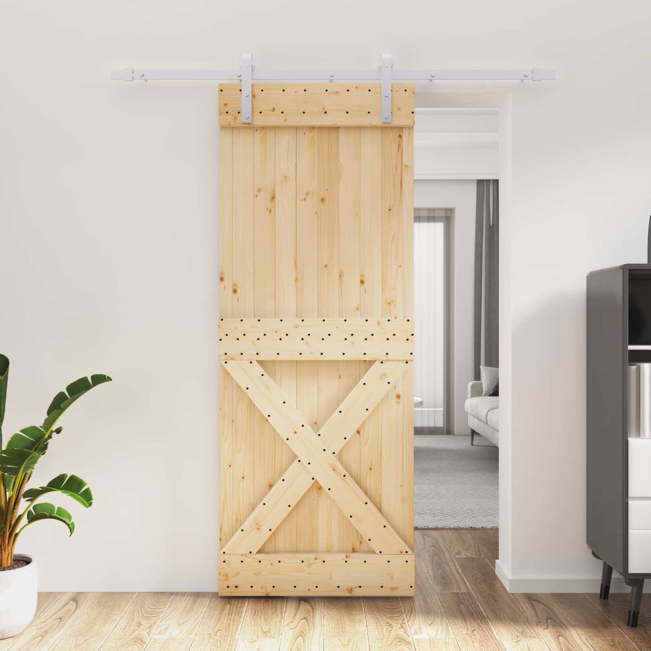 Porte coulissante en bois de pin naturel et blanc 80 x 210 cm 