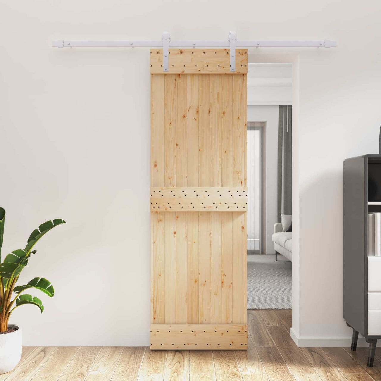 Porte coulissante en bois de pin naturel et blanc 70 x 210 cm 