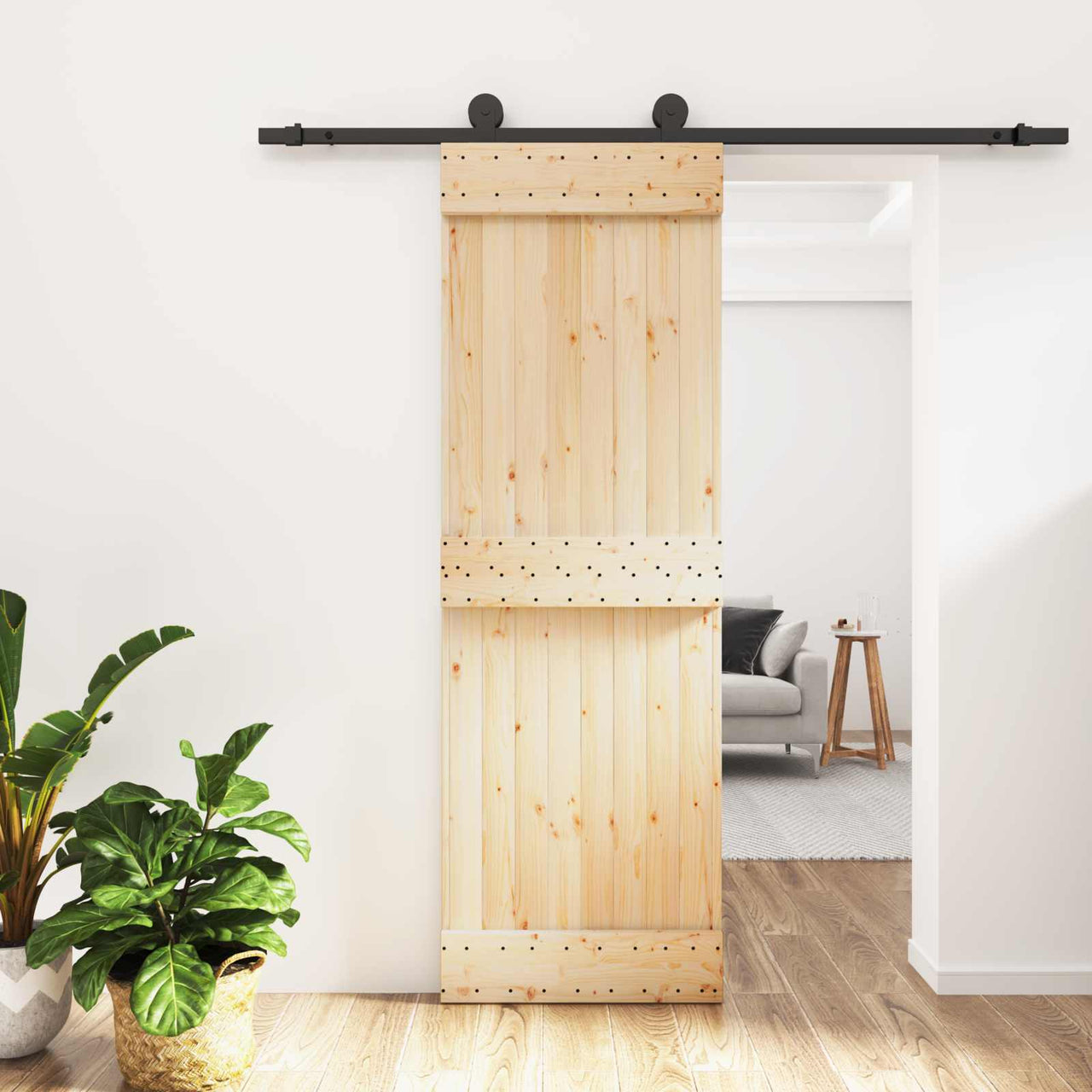 Porte coulissante en bois de pin naturel et noir 70 x 210 cm 