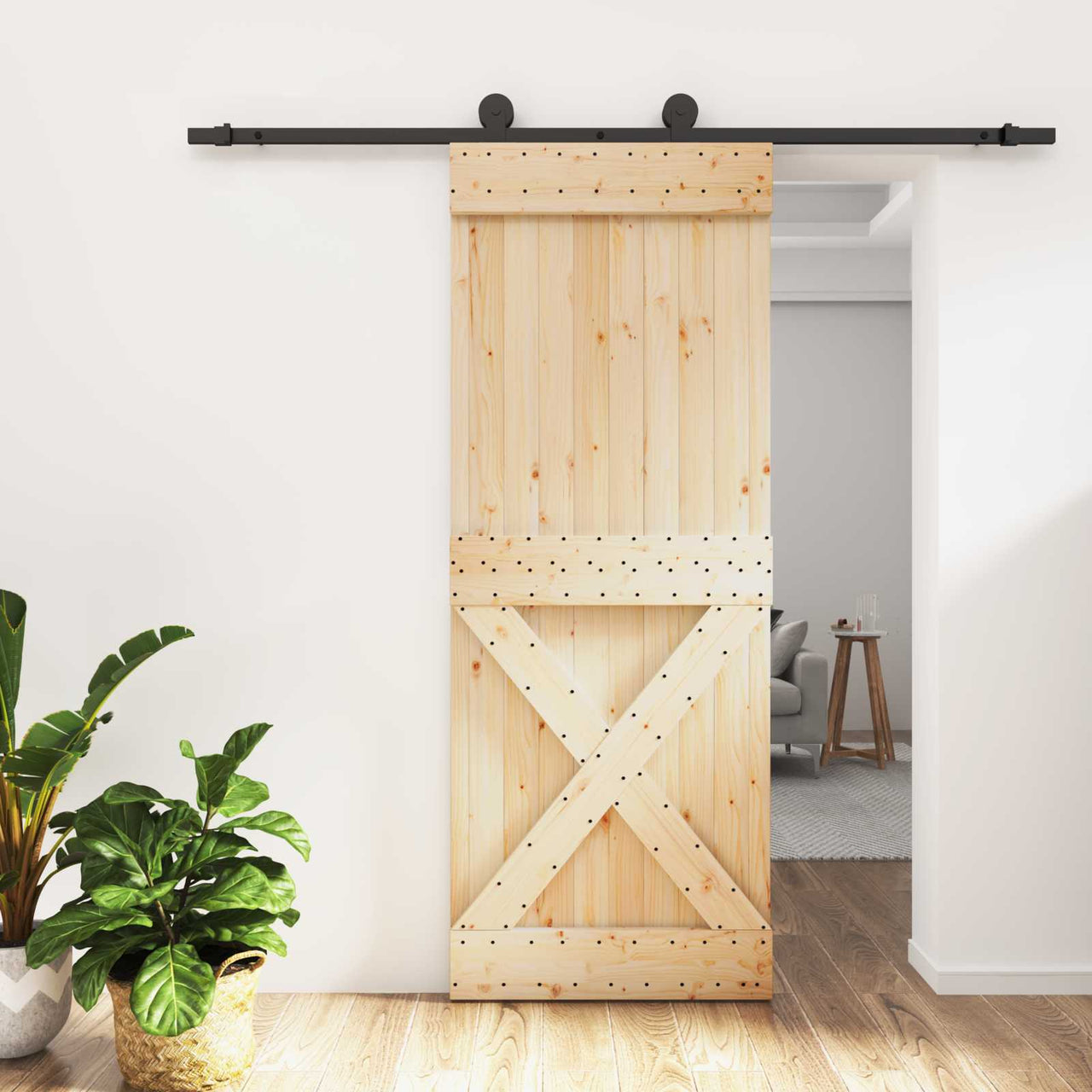 Porte coulissante en bois de pin naturel et noir 80 x 210 cm 