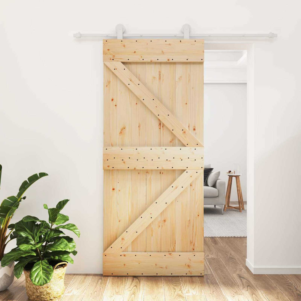 Porte coulissante naturelle et blanche 90 x 210 cm 