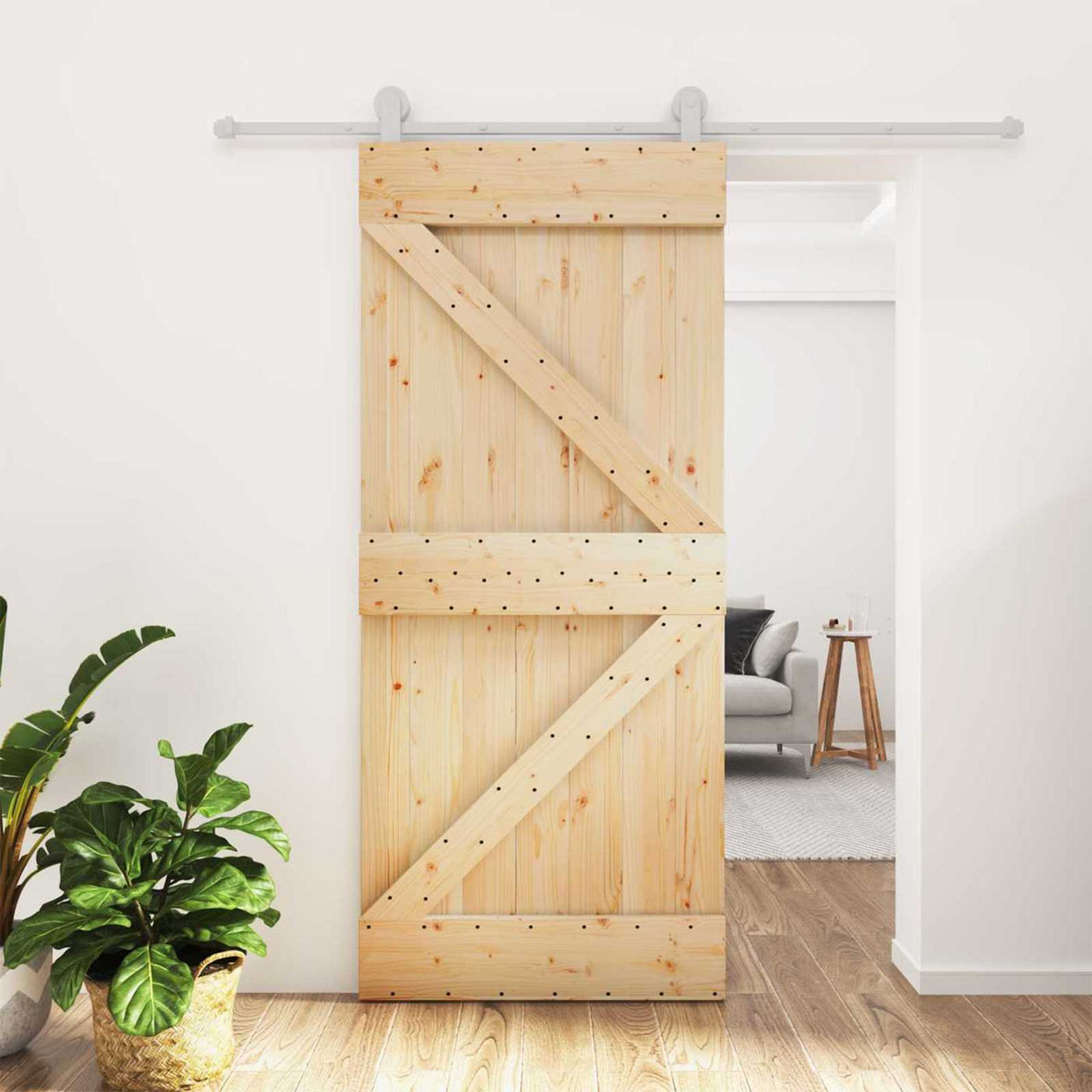 Puerta Corredera Madera de Pino Natural y Blanco 90 x 210 cm