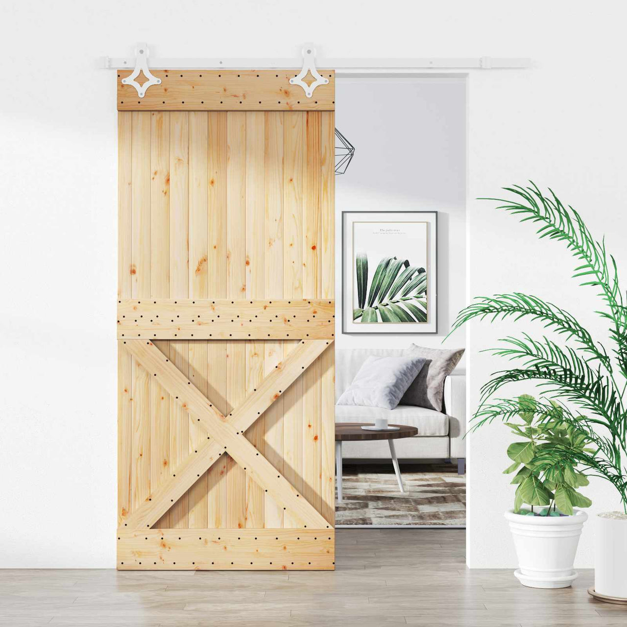 Porte coulissante naturelle et blanche 90 x 210 cm 
