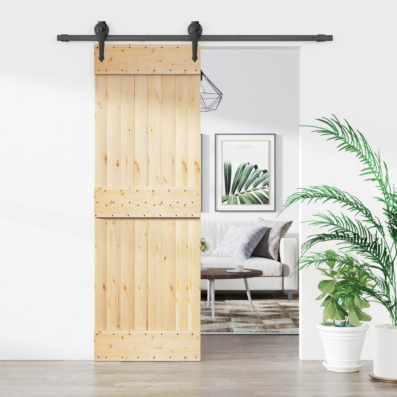 Porte coulissante en bois de pin naturel et noir 70 x 210 cm 