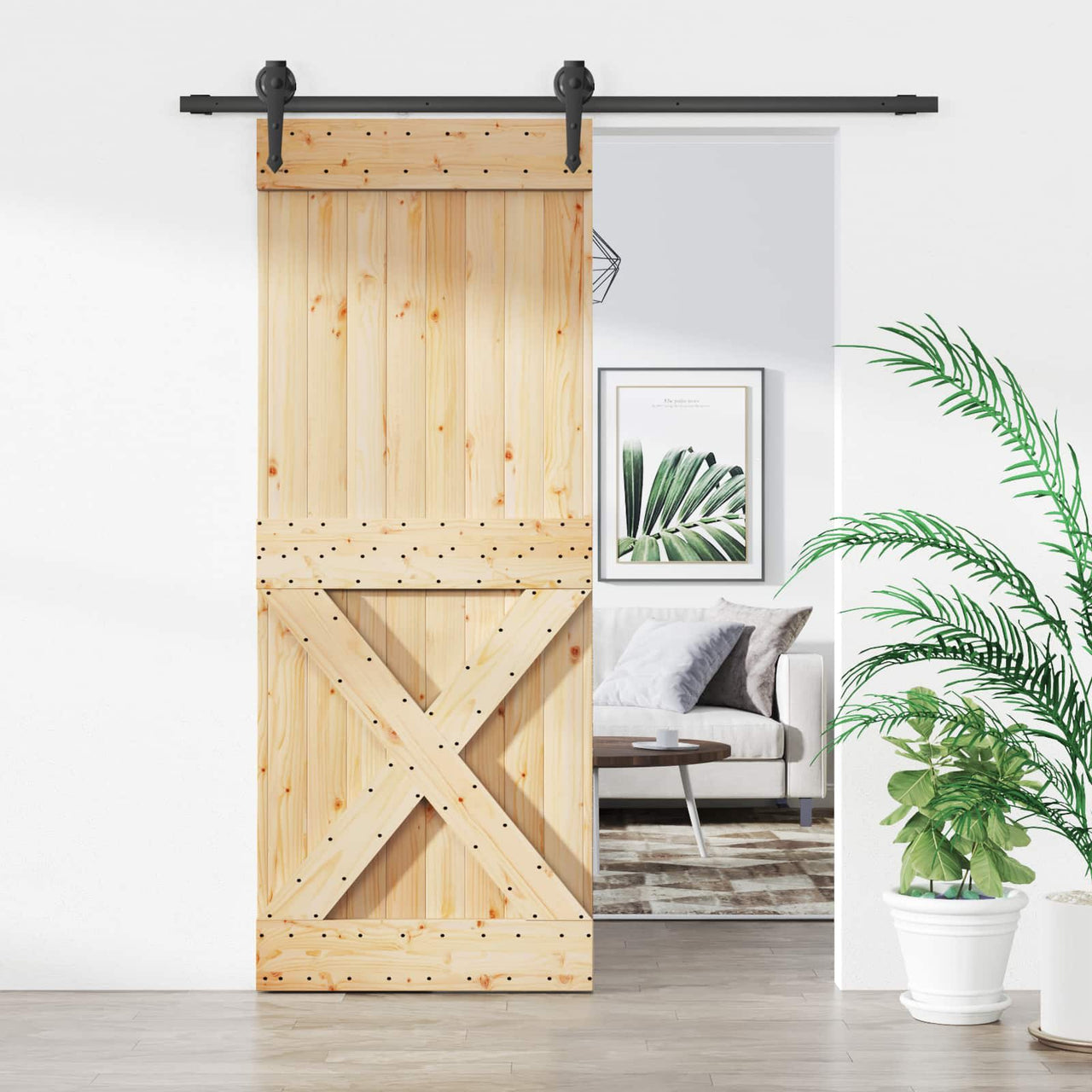 Porte coulissante en bois de pin naturel et noir 80 x 210 cm 