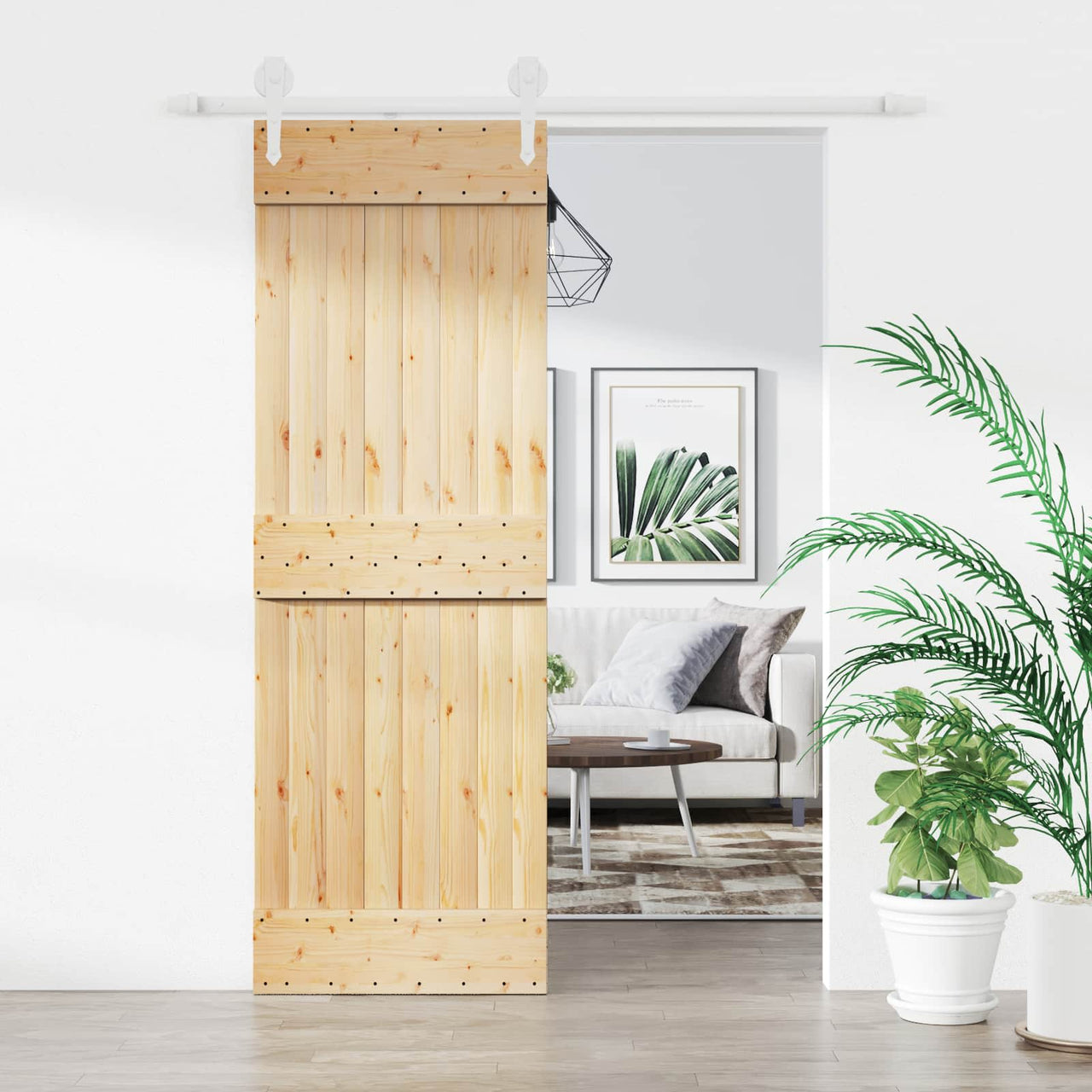 Porte coulissante en bois de pin naturel et blanc 70 x 210 cm 