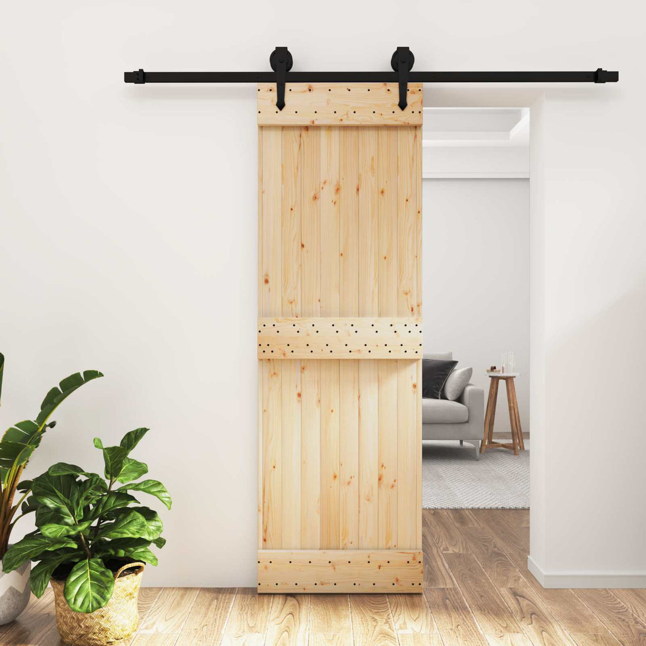 Porte coulissante en bois de pin naturel et noir 70 x 210 cm 