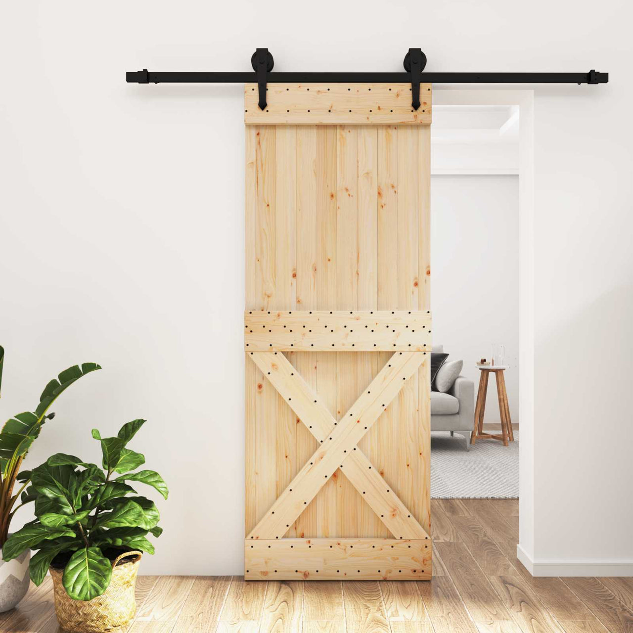Porte coulissante en bois de pin naturel et noir 80 x 210 cm 