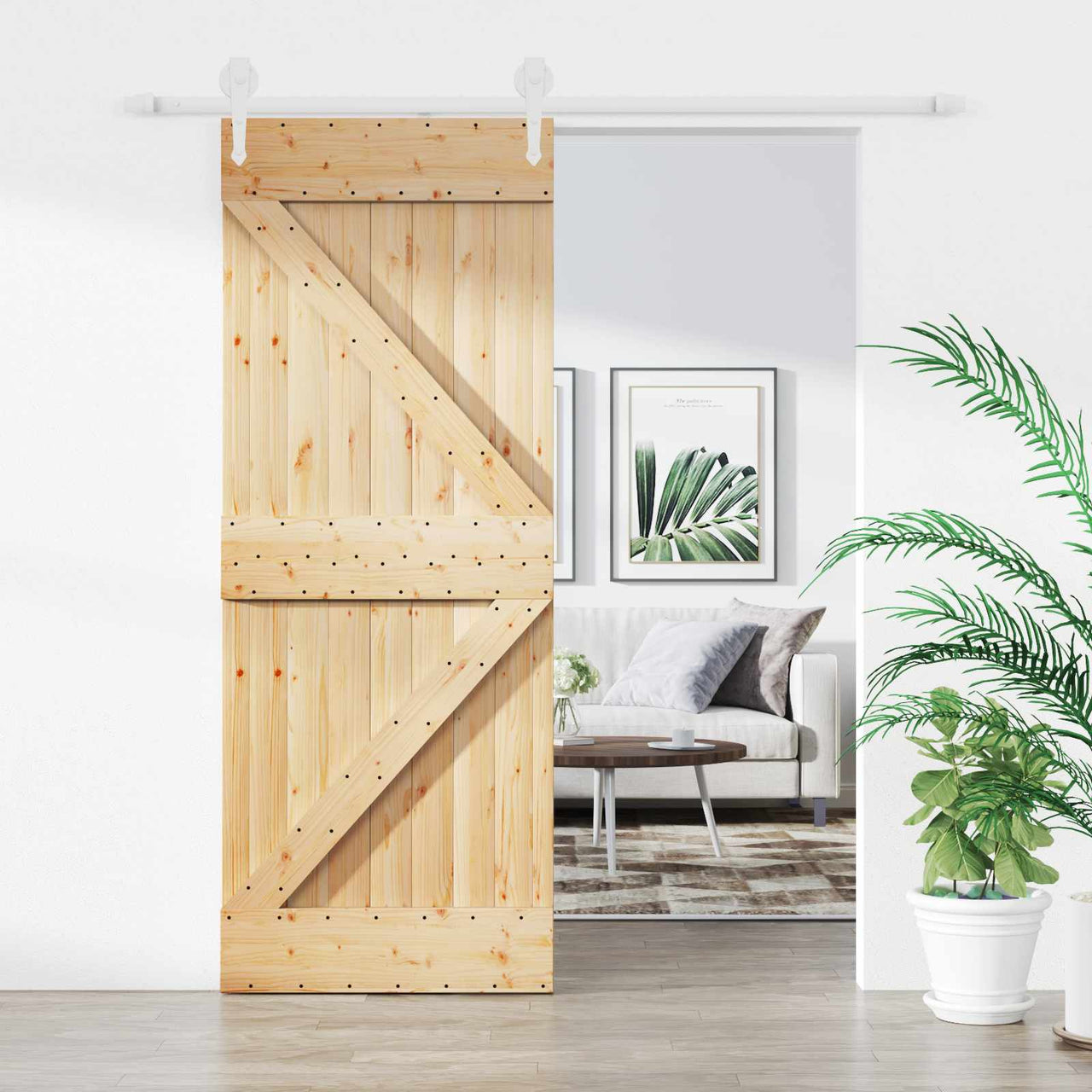 Puerta Corredera Madera de Pino Natural y Blanco 85 x 210 cm