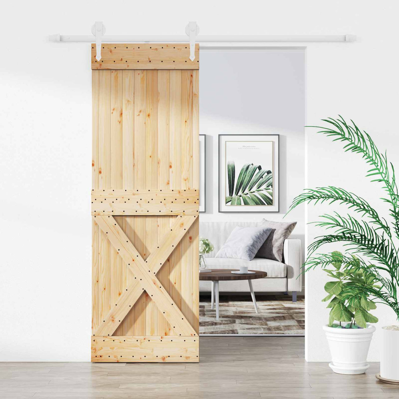 Puerta Corredera Madera de Pino Natural y Blanco 80 x 210 cm