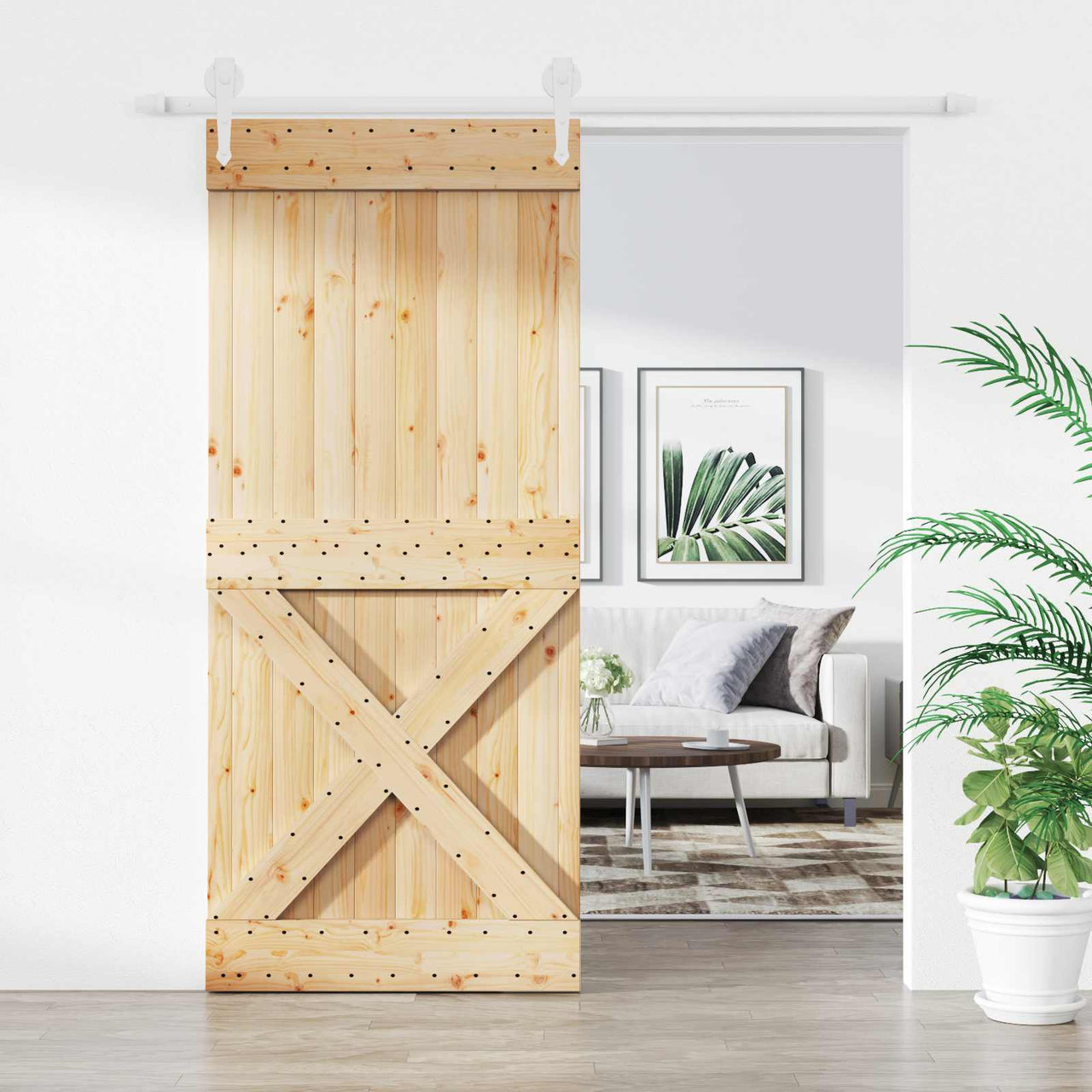 Porte coulissante naturelle et blanche 90 x 210 cm 