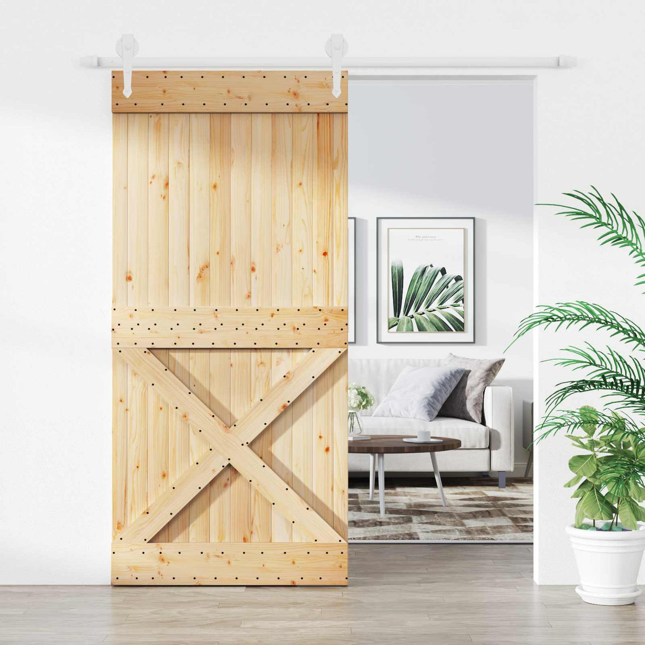 Porte coulissante naturelle et blanche 95 x 210 cm 