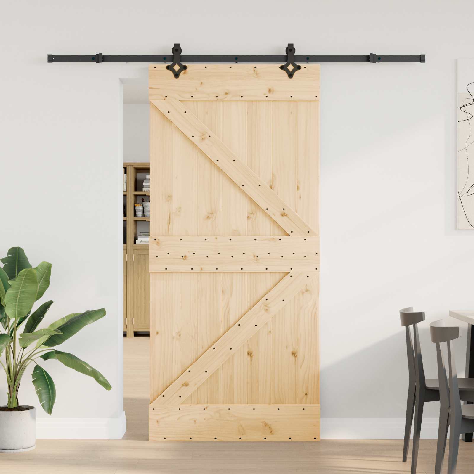 Puerta corredera Narvik en color natural y negro, dimensiones 95 x 210 cm, ideal para jardines.