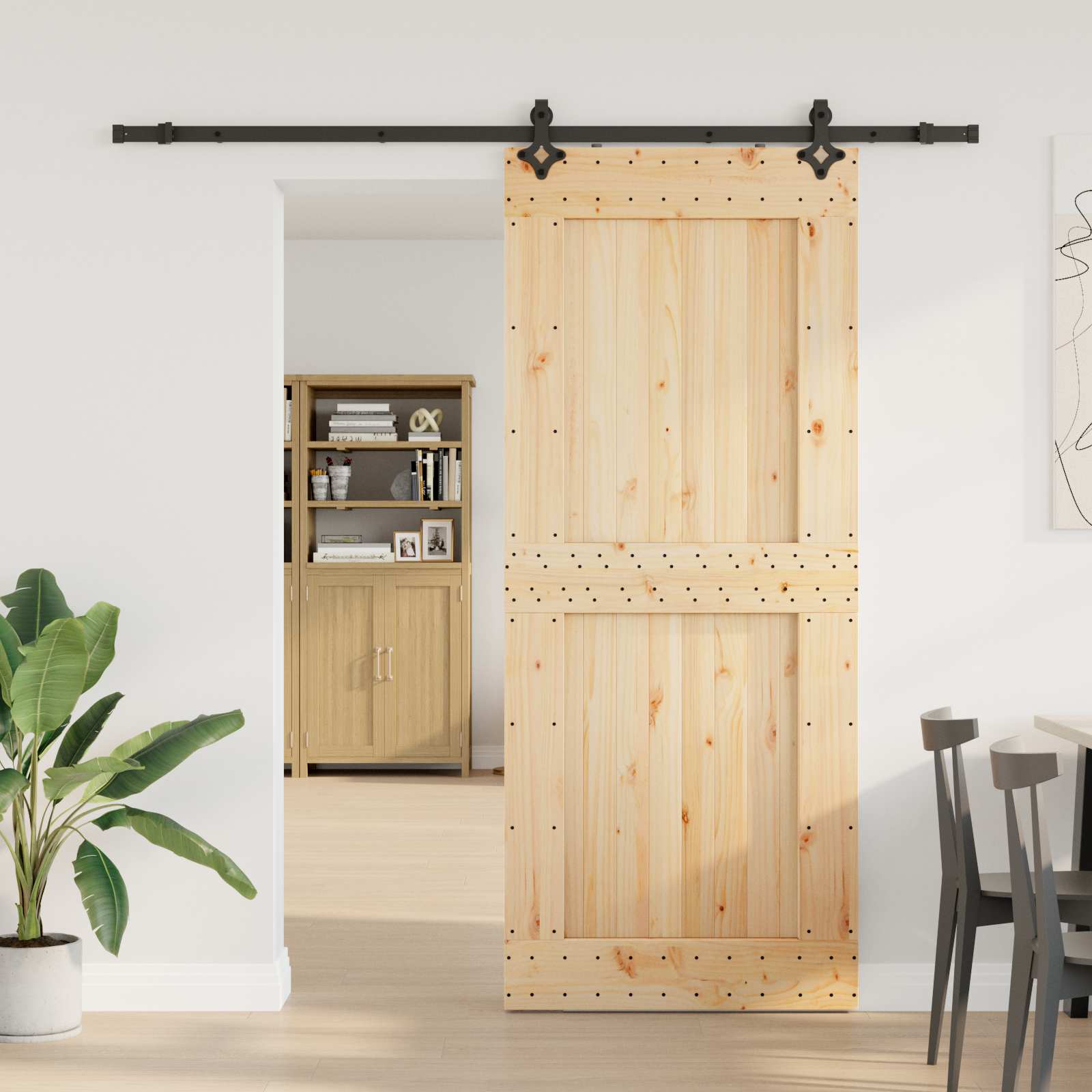 Puerta corredera Narvik en color natural y negro, medidas 95 x 210 cm, ideal para jardines y exteriores.