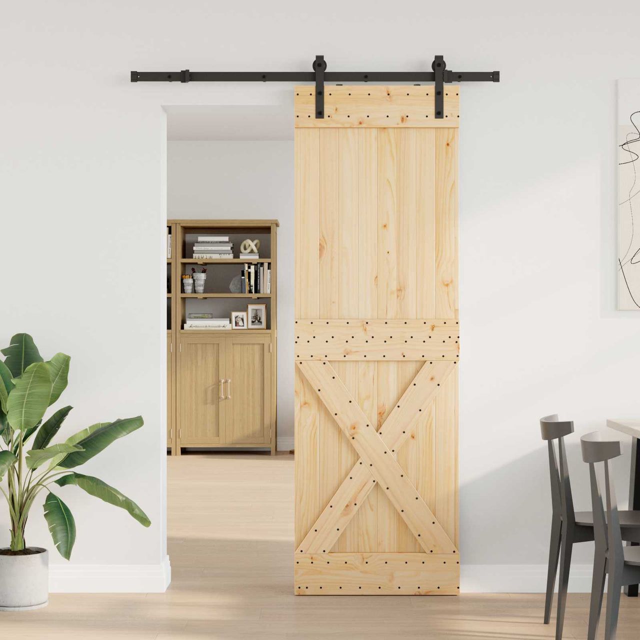 Porte coulissante NARVIK naturelle et noire 70 x 210 cm (152,5 cm) 