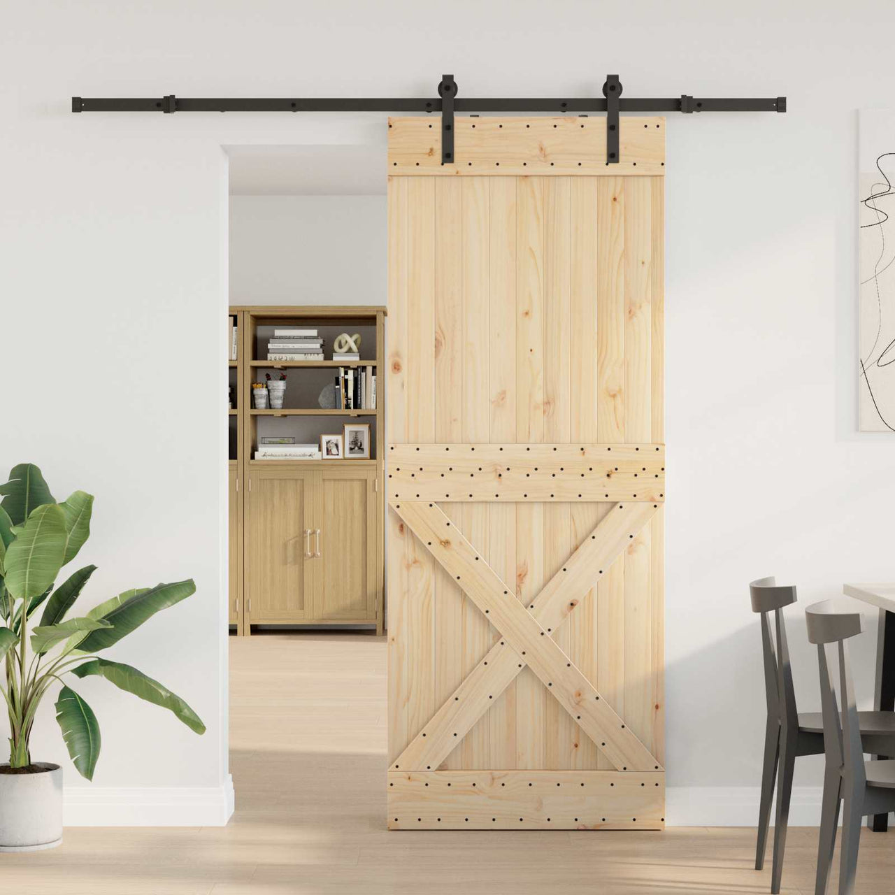 Porte coulissante NARVIK naturel et noir 90 x 210 cm (213,5 cm) 