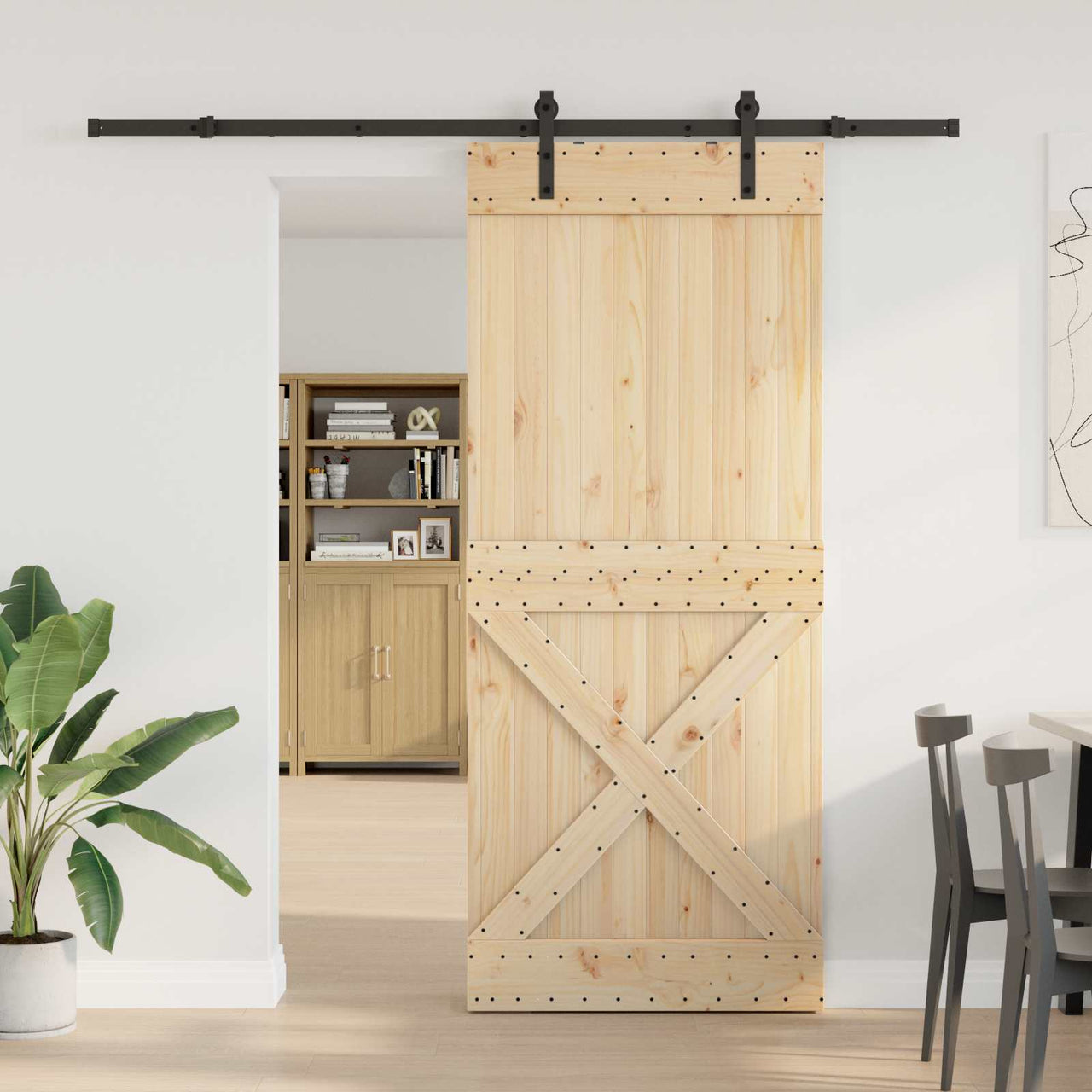 Porte coulissante NARVIK naturelle et noire 100 x 210 cm (213,5 cm) 