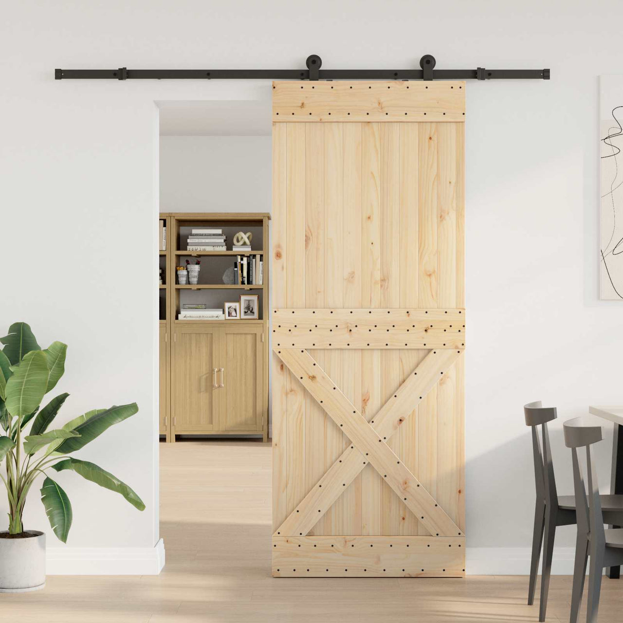Porte coulissante NARVIK naturel et noir 90 x 210 cm (213,5 cm) 