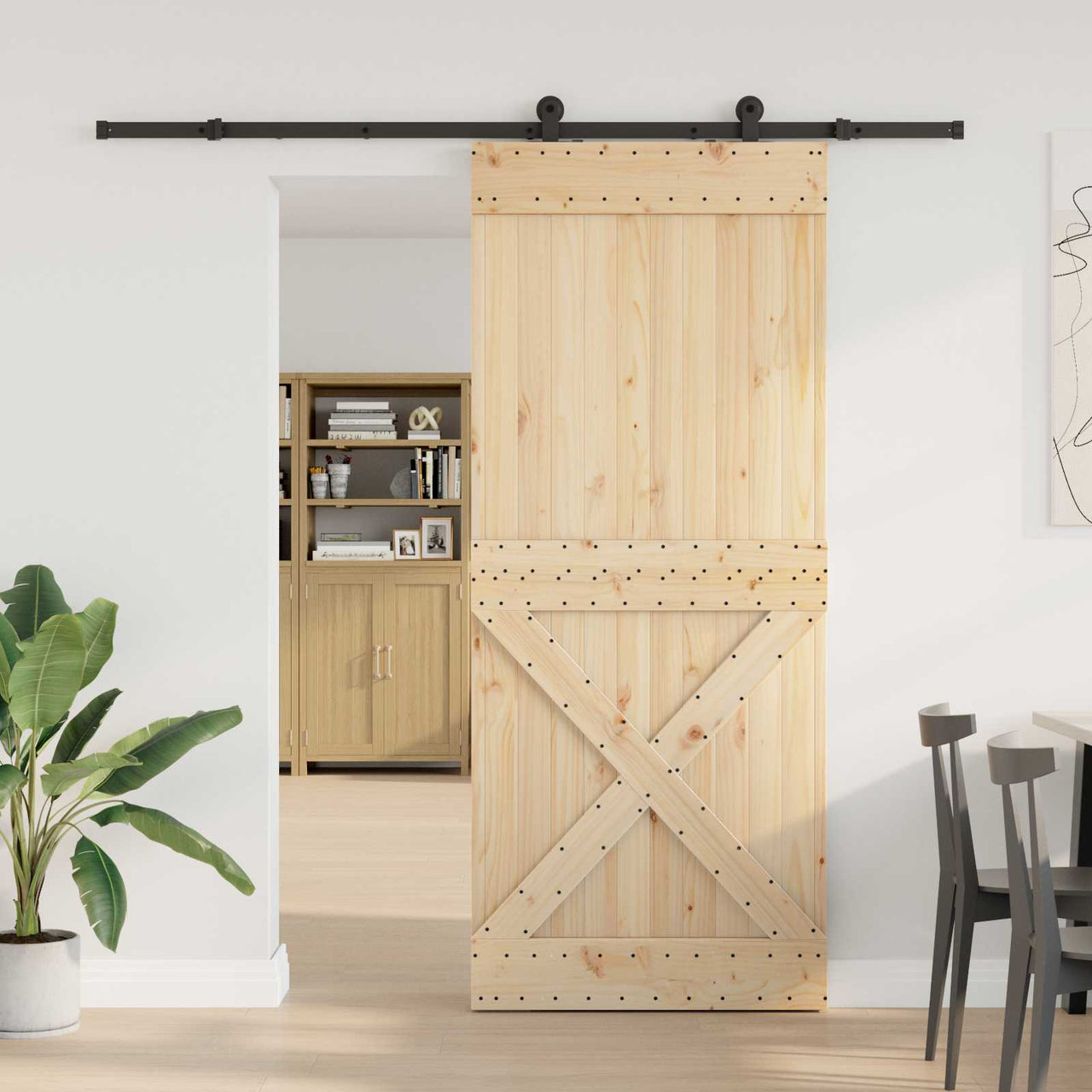 Porte coulissante NARVIK naturelle et noire 95 x 210 cm (213,5 cm) 