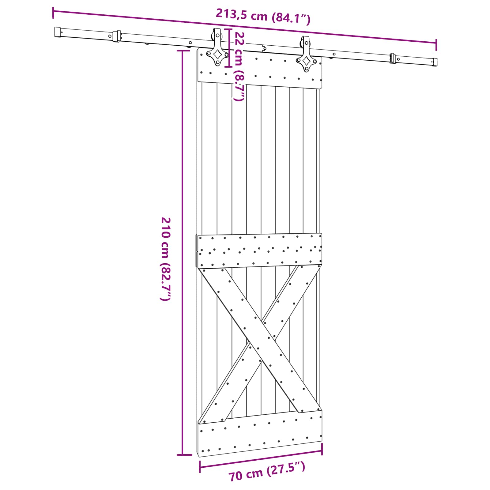 Puerta corredera Narvik en color natural y negro, ideal para jardines y exteriores, medidas 70 x 210 cm.