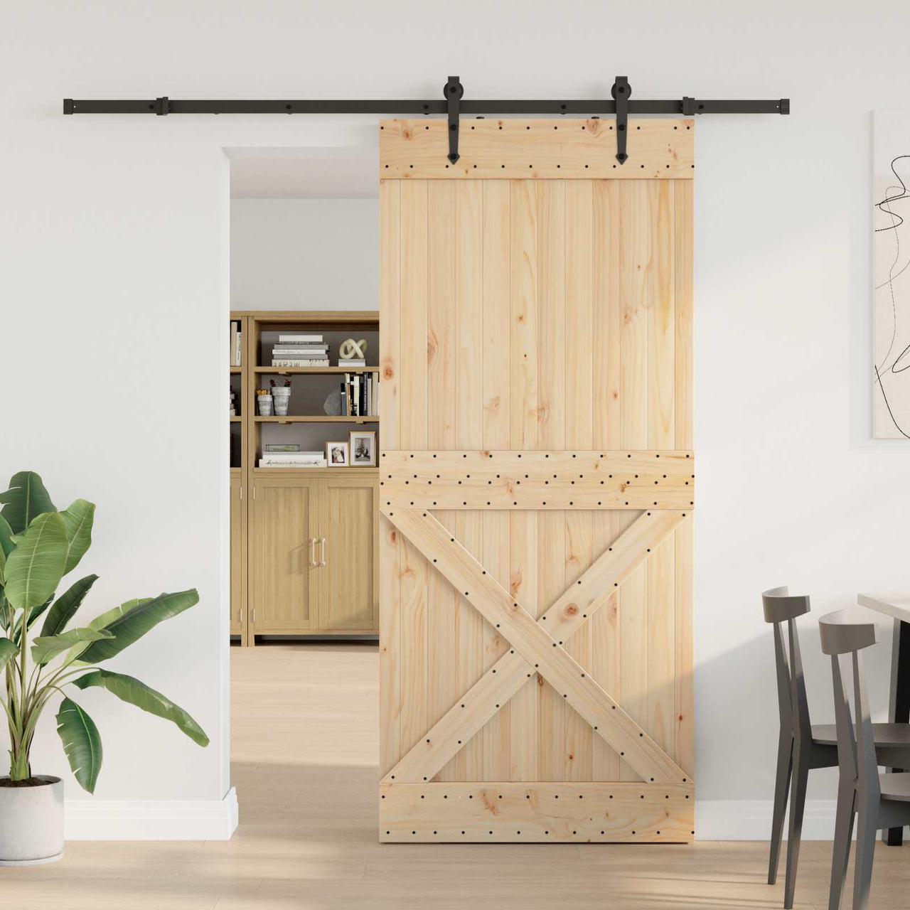 Porte coulissante NARVIK naturel et noir 90 x 210 cm (213,5 cm) 