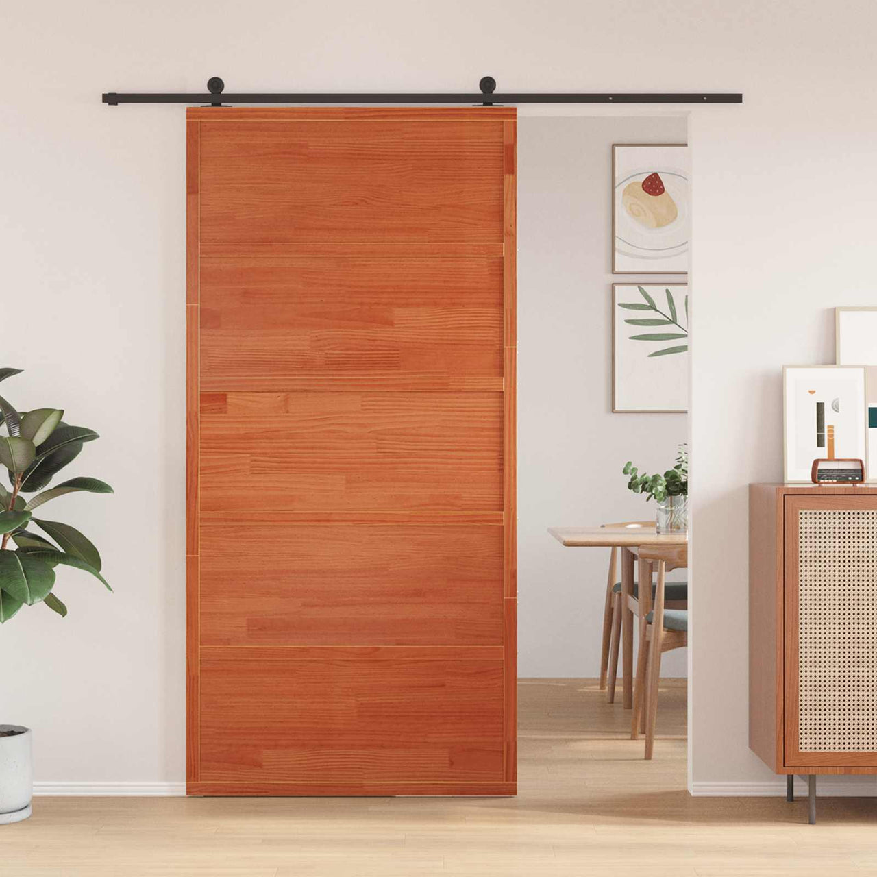Porte coulissante marron cire bois de pin massif 