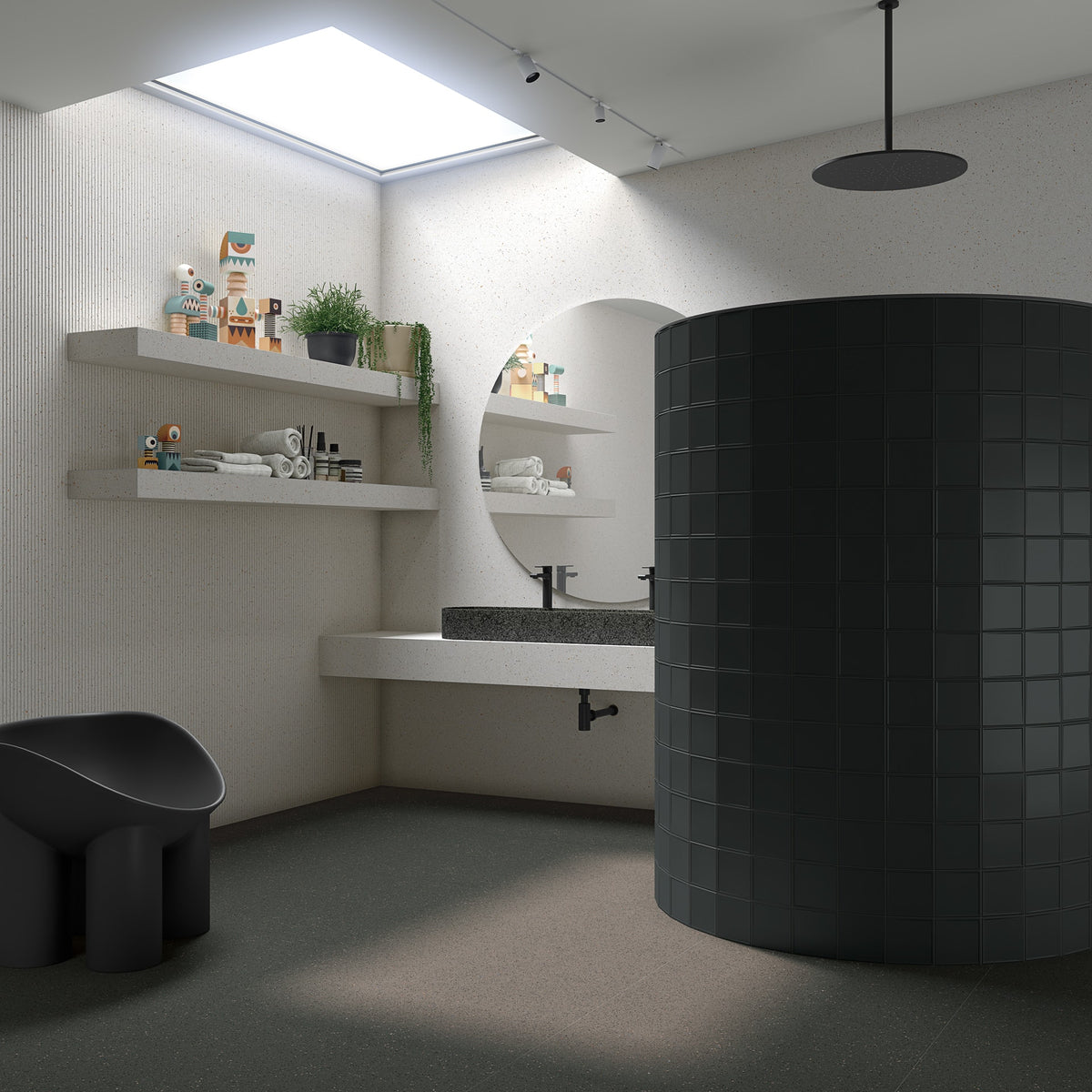 Baño con revestimiento terrazo Savona Blanco y Grafito - Vetonek
