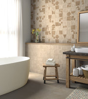 Ambiente baño con revestimiento efecto barro Lecce Nardò Chipper - Vetonek