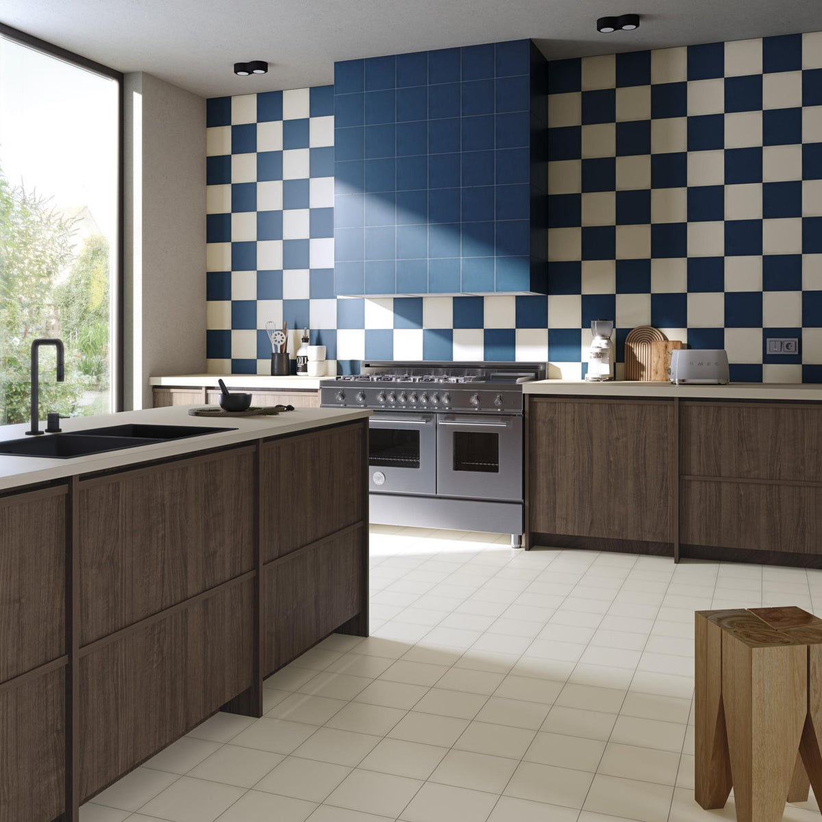 Ambiente con suelo hidráulico Ferrara Blanco y Azul - Vetonek