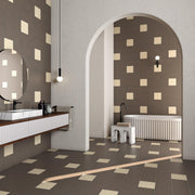 Ambiente con suelo hidráulico Ferrara Chocolate y Marfil - Vetonek